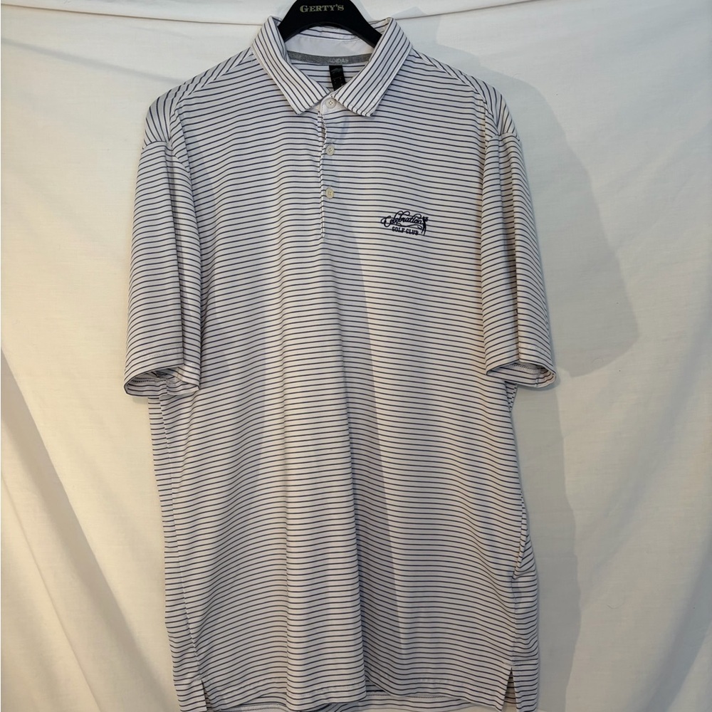adidas White Polo with Thin Navy Stripes size large